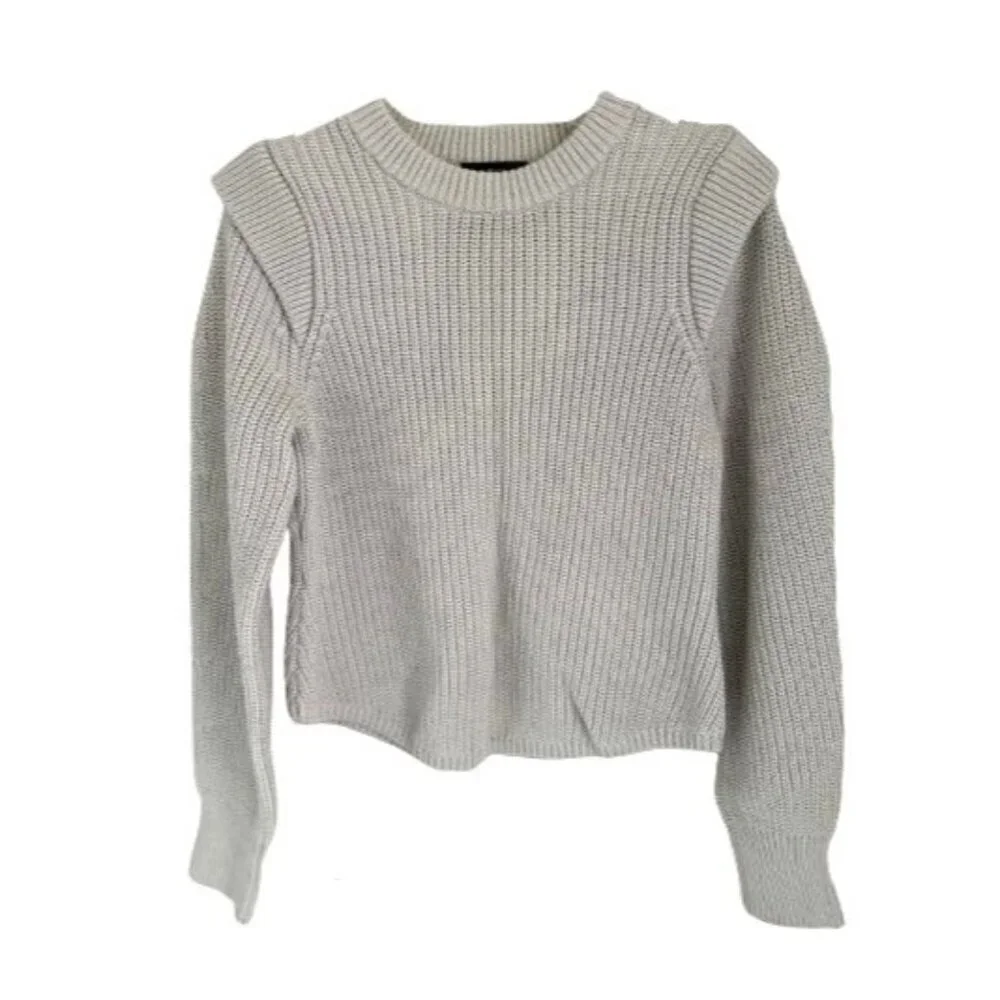 AQUA Knitted Ribbed Cotton Grey Epaulet Sweater In Cream/Gray Color Size Small